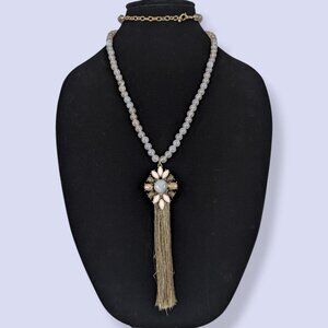 Bohemian Natural Chalcedony Beaded Fringe Pendant Necklace